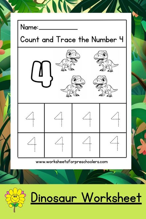 Free Printable Dinosaur Math Worksheet Preschool Number 4 Activity, Number 4 Worksheet, Dinosaur Tracing, Dinosaur Math, Dinosaur Lesson, Fun Activities For Preschoolers, Worksheet Preschool, Activity For Preschoolers, Dinosaurs Preschool