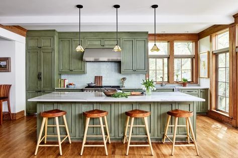 Distressed Green Cabinets Bring Weathered Charm to a New Kitchen Shabby Chic Kitchen Ideas, Chic Kitchen Ideas, Shabby Chic Kitchen Cabinets, Melanie Turner Interiors, Modern Shabby Chic, Latest Kitchen Designs, Craftsman Kitchen, Green Kitchen Cabinets, Green Cabinets