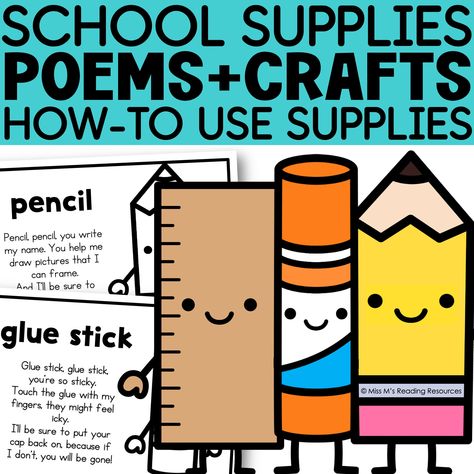 Help students learn how to use and treat your classroom supplies with this set of NO-PREP school supply rhyming poems, coloring pages, crafts, and posters. Students will love the poems to help them learn about school supplies and how to use them. The nine school supplies included are: pencil, glue stick, glue bottle, marker, paper, scissors, play dough, and backpack. Each school supply includes: - a one-page craft - a rhyming poem coloring page - a rhyming poem poster (in color) - blank coloring page Use the poems as chants when you teach and use new supplies in the classroom. Enjoy! :) How To Use School Supplies Kindergarten, Bulletin Board Activities, Tk Ideas, Classroom Community Activities, Rhyming Poems, Behavior Incentives, Crafts Printable, Meet The Teacher Template, Back To School Bulletin Boards