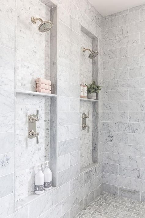 Master Bath With Double Shower Heads, Shower Long Shelf, Luxury Built In Bathtub, Master Bath Niche Ideas, Double Shower Head With Niche, Bathroom Shower Next To Toilet, White On White Tile Bathroom, Trench Drain Shower Pan, Master Bath Shower Niche Ideas