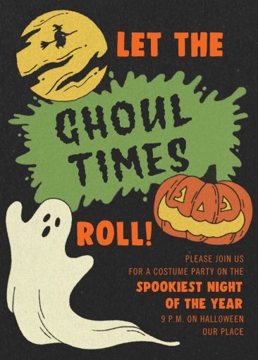 Customize 'Ghoul Times' Halloween Invitation online and send via email, text message, or a shareable link. Instantly track deliveries and opens, and message recipients. Halloween 3rd Birthday Party Invitations, Haunted House Invitations, Halloween Posters Ideas For School, Halloween Potluck Invitations, Halloween Ra Events, Halloween Invite Template, Halloween Party Invitations Ideas, Halloween Invite Ideas, Halloween Party Flyer Design