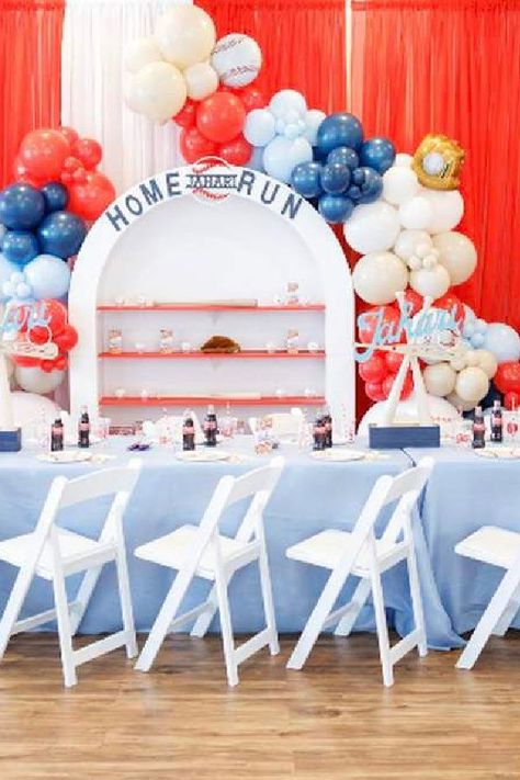 Don't miss this awesome baseball birthday party! The decor is fantastic!! See more party ideas and share yours at CatchMyParty.com Baseball Table Decorations, Baseball Birthday Party Ideas, Baseball Birthday Cakes, Cake Table Birthday, Party Backdrops, Baby Boy 1st Birthday Party, Baseball Birthday Party, Baseball Party, Baseball Theme