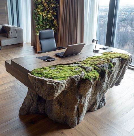 Stone Furniture Design, Earthy Desk, Rock Furniture, Stone Desk, Stone Furniture, Stone Wall Design, Driftwood Art Diy, Moss Decor, Fantasy Furniture