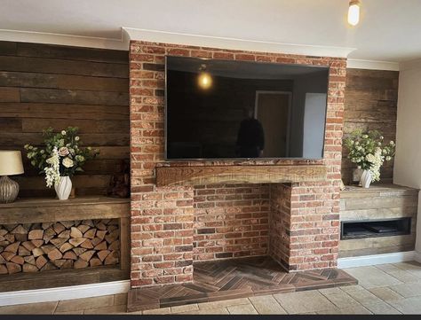 Brick Tv Wall Ideas, Fireplace Alcove Ideas, Brick Chimney Breast, Snooker Room, Red Brick Fireplaces, Brick Slips, Cottage Fireplace, Two Sided Fireplace, Built In Shelves Living Room