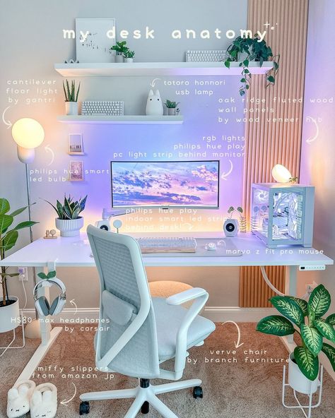 my desk anatomy, pt. 1 ✨ some items tagged below! I never did this trend and I’ve been getting tons of questions about my desk as of late… | Instagram Aesthetic Desk Setup Gaming, Desk Gaming Aesthetic, Work And Gaming Setup, Gaming Desk Set Up, Desk With Pc Aesthetic, Minimalist Pc Desk Setup, Desk Anatomy, Working Desk Ideas, Blue Desk Setup Aesthetic