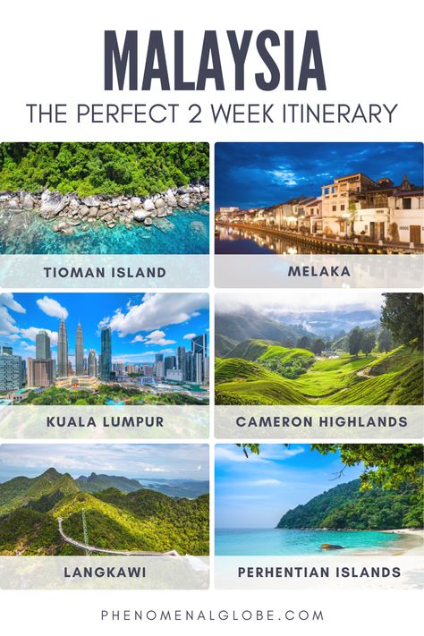 Are you looking for the perfect two-week itinerary and travel guide for Malaysia? This guide features insider tips and insight to help you get the most out of your trip to Malaysia. From bustling cities, to tranquil beaches, to tropical rainforests, Malaysia has something for everyone. Our guide will provide you with the perfect itinerary for experiencing all of the best that the country has to offer in two weeks. Get ready for an adventure you won't soon forget! | phenomenalglobe.com Malaysia Vacation, Malaysia Honeymoon, Malaysia Itenary, Malaysia Trip, Visit Malaysia, Malaysia Tourism, Malaysia Itinerary, Malaysia Travel Guide, Malaysia Tour