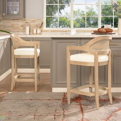 Americana Mid-Century Modern Rattan Cane Back Counter and Bar Stool - Bed Bath & Beyond - 34740873 Cane Stool, Natural Wood Texture, Stool Height, Stools With Backs, Whitewash Wood, Counter Height Bar Stools, Counter Bar Stools, Upholstered Seating, Bar Chairs