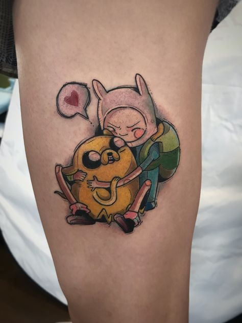 Jake and Finn hug, tattoo, watercolor Jake And Finn Tattoo, Finn And Jake Tattoo, Hug Tattoo, Jake Tattoo, Cartoons Tattoo, Jack Skellington Tattoo, Adventure Time Tattoo, Finn And Jake, Tattoo Watercolor