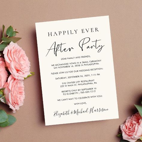 Happily Ever After Party Photo Cream Reception Announcement Blush Wedding Reception, Happily Ever After Party, Ever After Party, Pink Wedding Receptions, Wedding Announcements Photos, Elopement Party, Wedding Reception Design, Wedding Reception Invitations, Simple Typography