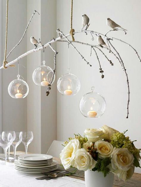 ♡ Takken Decor, Tafel Decor, Branch Chandelier, Diy Tree, Winter Table, Diy Chandelier, בר מצווה, Branch Decor, Deco Floral