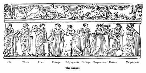 greek muses symbols - Google Search Greek Muses, The Nine Muses, Apollo Tattoo, Classical Greece, Nine Muses, Tattoo Background, Leaves Illustration, Greek And Roman Mythology, Engraving Illustration