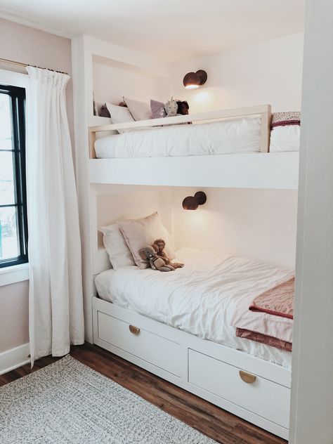 Built in bunk bed diy using ikea bed @nova_and_the_moon Make Bunk Beds Look Built In, Bunk Bed Pottery Barn, Built In Bunk Beds With Drawers, Built In Bunk Bed Hack, Built In Bunk Bed Small Room, Diy Built In Bunk Beds Plans, Bunk Bed Room Inspo Aesthetic, Built In Bunk Beds Diy, Builtin Bunkbeds