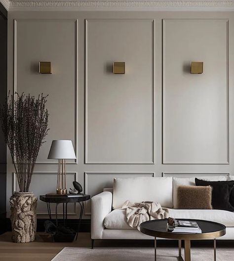 Painted Wall Paneling: The 7 Best Styles For Modern Interiors Wall Trim Moulding Molding Ideas, Wainscoting Office Wall, Wall With Moulding Design, Wainscoting Angled Ceiling, Painted Wall And Trim Same Color, Wall Trim Moulding Dining Room, Two Story Paneled Wall, Box Trim Accent Wall, Wall Moulding High Ceiling