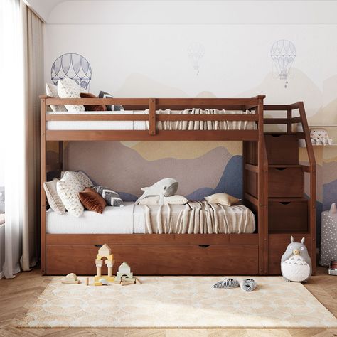 Discover the perfect solution for your bedroom with this Multifunctional Trundle Bunk Bed with Storage Stairs. This versatile piece seamlessly fits into any room decor, offering three stunning color options for a personalized touch. Storage Stairs, Trundle Bed With Storage, Solid Wood Bunk Beds, Twin Trundle Bed, Platform Storage, Wooden Bunk Beds, Wood Bunk Beds, Bunk Beds With Stairs, Bed With Trundle