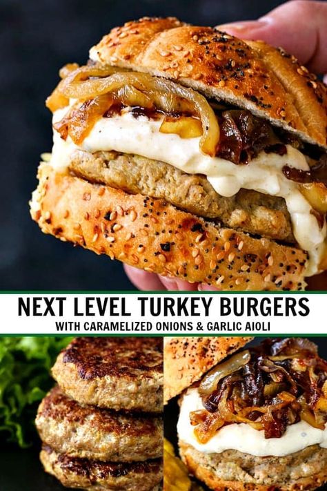 Next Level Turkey Burgers with Caramelized Onion & Aioli are so juicy and flavorful, you'll never look at a turkey burger the same! #turkeyburgers #groundturkey #burgerrecipe #dinnerrecipes Hello Fresh Turkey Burgers, Turkey Burger And Sweet Potato Recipe, Lettuce Turkey Burger, Thanksgiving Turkey Burger Recipes, Fall Turkey Burgers, Turkey Burger No Bun, Turkey Burger Recipes No Breadcrumbs, Deconstructed Turkey Burger, Goat Cheese Turkey Burger