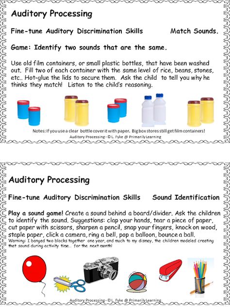 The Best of Teacher Entrepreneurs II: Auditory Processing Task Cards for Preschool & Kindergarten Auditory Processing Worksheets, Auditory Processing Disorder Activities, Preschool Stations, Auditory Processing Activities, Teacher Reference, Consonant Blends Worksheets, Small Plastic Bottles, Learning Preschool, Auditory Processing Disorder