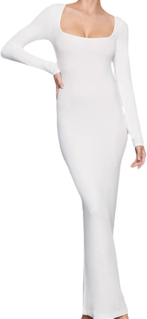 White Bodycon Dress Classy, Basic Outfit Aesthetic, Long Dress Long Sleeve, Tight Fitted Dresses, Y2k Women, Maxi Long Dress, Plus Size Bodycon, White Bodycon, White Long Sleeve Dress