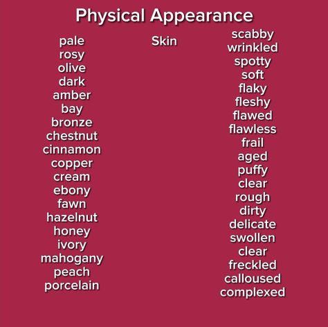 Skin Descriptions For Writing, Allergies For Characters, Writing Skin Tones, Writing Tips Describing Characters, Character Descriptions Writing, Description For Characters, Writing A Character Description, Book Character Descriptions, Skin Description Writing