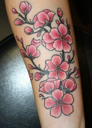 Cherry Blossom Tattoos 4 Thi Tattoos, Traditional Cherry Blossom Tattoo, Traditional Cherry Blossom, Cherry Blossom Tattoo Shoulder, 31 Tattoo, Pink Flower Tattoos, Skin Color Tattoos, Shape Tattoo, Plant Tattoo