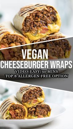 Vegan Cheeseburger, Cheeseburger Wraps, Wraps Vegan, Resep Vegan, Vegan Wraps, Vegan Main Dishes, Vegan Burgers, Tasty Vegetarian Recipes, Vegan Sandwich