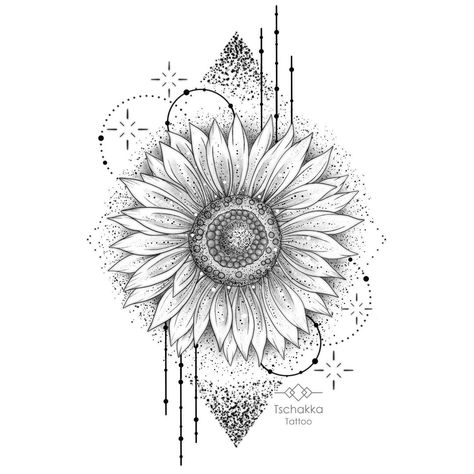 Sunflower Space Tattoo, Dot Work Sunflower Tattoo, Sunflower Dotwork Tattoo, Sunflower Ornamental Tattoo, Gothic Sunflower Tattoo, Sunflowers Tattoo Ideas, Geometric Sunflower Tattoo, Unique Mandala Tattoo, Sunflower Tattoo Black And White