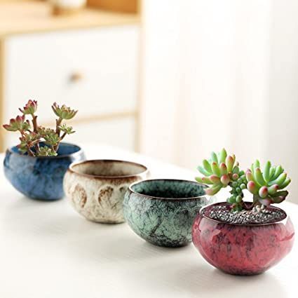 Set of 4 Succulent Pots Glazed Ceramic Flower Pots Vintage Mini Planters for Succulents Plants Cute Flower Live with Tray Office Windowsill (Inside buckle) Planters For Succulents, Plant Pot Ceramic, Small Cactus Plants, Outdoor Plant Pots, Plants Cute, Mini Planters, Cactus Plant Pots, Flower Containers, Ceramic Succulent Planter