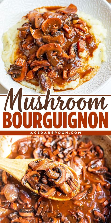 Craving a hearty vegan dish? Try this sweet and savory bourguignon without meat, featuring simmered mushrooms in a rich red wine sauce. It's a delicious and comforting meal for a hearty dinner recipe that even non-vegans will love! Vegan Bourguignon, Red Wine Mushroom Sauce, Vegetarian Mushroom Recipes, Healthy Meals For The Week, Mushroom Bourguignon, Dinners For Family, Vegetarian Christmas Dinner, Mushroom Dishes, Red Wine Recipe