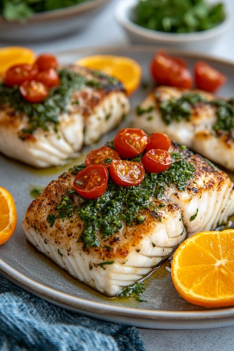 Grilled fish fillets garnished with cherry tomatoes and green sauce, served with orange slices. Halibut Rice Bowl, Christmas Halibut Recipes, Halibut Meal Ideas, Halabit Fish Recipes Grilled, Best Way To Cook Halibut, Whole 30 Recipes Fish, Fish And Salad Dinners, Halibut En Papillote, Halibut Side Dishes