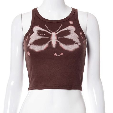 4d6e4749289c4ec58c0063a90deb3964desc52415076ri Brown Crop Tops, Bleached Tank Top, Bleach Top, Bleached Top, 90s Fashion Summer, 90s Fashion Party, Indie Streetwear, Butterfly Tank Top, Round Neck Crop Top