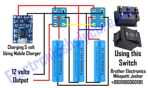 18650 model 3.7 voltage battery is a common battery. everywhere we can use this battery. the laptop used this battery. mobile power bank using this battery. Small hand fan using this battery. bicycle using this battery. many power banks are using this battery using a BMS charger. but here this 12-voltage battery can charge using a mobile charger. and also no need BMS circuit. only using 2 6-pin switches. Bms Circuit Diagram, Dual Battery Wiring Diagram, Battery Parallel And Series Connection, First Transistor, Battery Charger Circuit, 18650 Battery Charger Circuit, Voltage Divider, Automatic Battery Charger, Batteries Diy