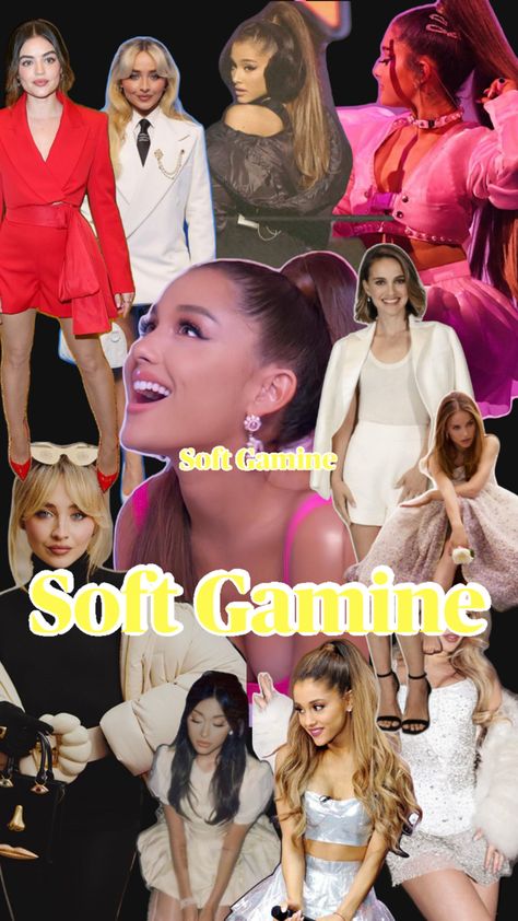 These celebrities, like Sabrina Carpenter, highlight the playful, feminine, and slightly sharp characteristics that make up the Soft Gamine type. Soft Gamine Celebrities, Sabrina Carpenter Soft, Soft Gamine Kibbe, Gamine Body Type, Soft Gamine, Sabrina Carpenter, Body Types, Body Care, Make Up