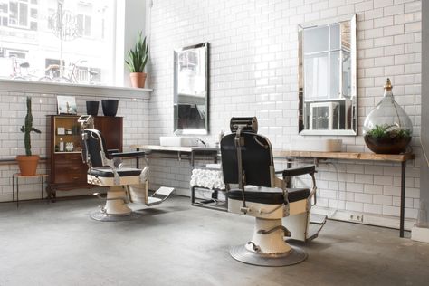 The Coolest Barbershops in Amsterdam Modern Barber Shop, Barber Store, Barbershop Design Interior, Barber Station, Barber Shop Interior, White Brick Wall, Hair Salon Design, Hair Salon Interior, Salon Suites Decor