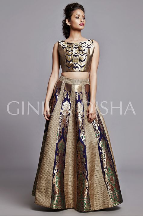 Pure handwoven benarsi silk brocade panelled lehenga with croptop.  Email:ginilanddisha@gmail.com Whatsapp:+919820116668 Brocade Crop Top Designs, Crop Tops For Lehenga, Brocade Skirt And Top, Crop Top Designs For Lehenga, Skirt And Top Indian, Panelled Lehenga, Brocade Lehenga, Kurti Embroidery, Brocade Skirt