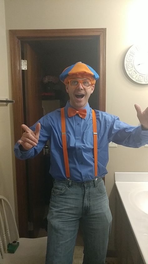 Daddy dressed up for the Blippi themed 2nd birthday party. Diy Blippi And Meekah Costume, Chinese New Year Design, Halloween Express, Movie Birthday, Construction Party, Family Birthdays, Party City, 4th Birthday Parties, 3rd Birthday Parties