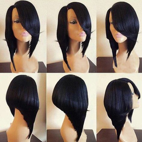 Medium Flip Side Parting Straight Inverted Bob Synthetic Wig - Short In The Back Long In The Front Hair, Reverse Bob Haircut Medium, Aysemetrical Hair Bob, Straight Inverted Bob, Long Inverted Bob With Layers, Cheap Hairstyles, Bob Inverted, Long Inverted Bob, Short Haircuts Black Hair