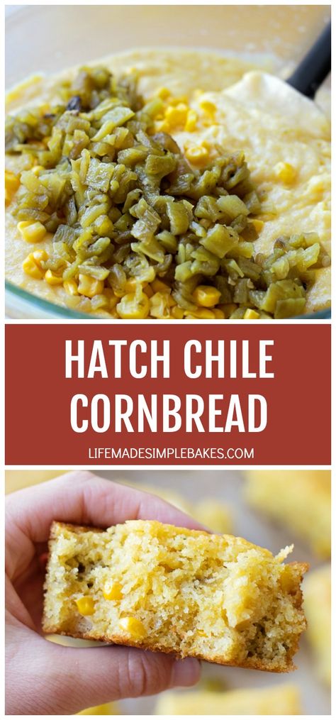 You're going to fall in love with this hatch chile cornbread. It's moist, tender and bursting with roasted chiles and sweet corn. #hatchchilecornbread #cornbread #hatchchiles #roastedchilecornbread Corn And Green Chili Bread, Cornbread Recipe Green Chile, Chili Relent Cornbread, Hatch Chile Cornbread, Hatch Green Chili Cornbread, Chilies Rellenos Cornbread, Chilli Relleno Cornbread, Hatch Chili Cornbread, Chili Rellenos Cornbread