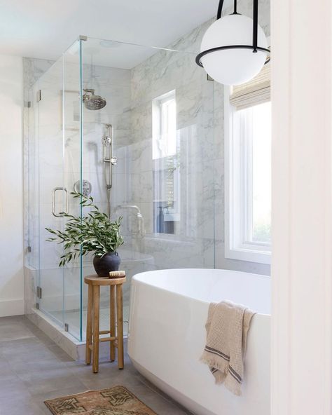 Curved Wall Shower Ideas, Master Bath Shower And Freestanding Tub, Luxe Master Bath, Driftwood Bathroom Ideas, Bathroom Vibes, Bathroom Shower Walls, Primary Suite, Primary Bath, Master Bath Remodel