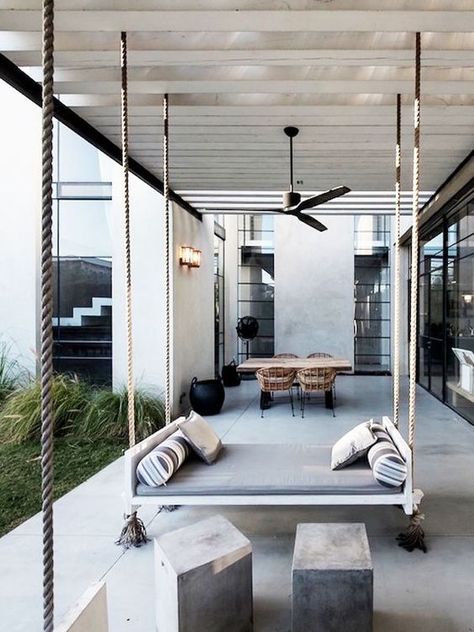 Swinging Bed, Veranda Design, Industrial Chic Decor, Interior Design Minimalist, Hanging Bed, Outdoor Room, Outside Patio, Interior Design Magazine, Industrial House