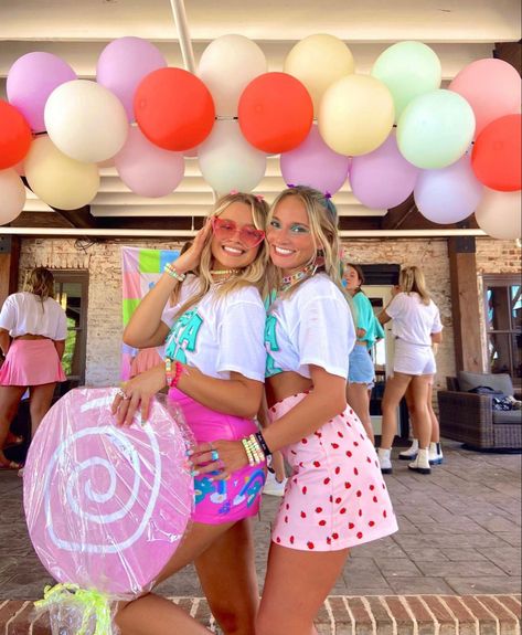 Candy Land Sorority Bid Day, Candy Land Theme Outfits College, Candy Land Spirit Week Outfit, Candy Themed Outfit Sorority, Candyland Aesthetic Outfit, Welcome To The Sweet Life Bid Day, Candy Sorority Theme, Candyland Bid Day Theme, Candy Land Sorority Theme