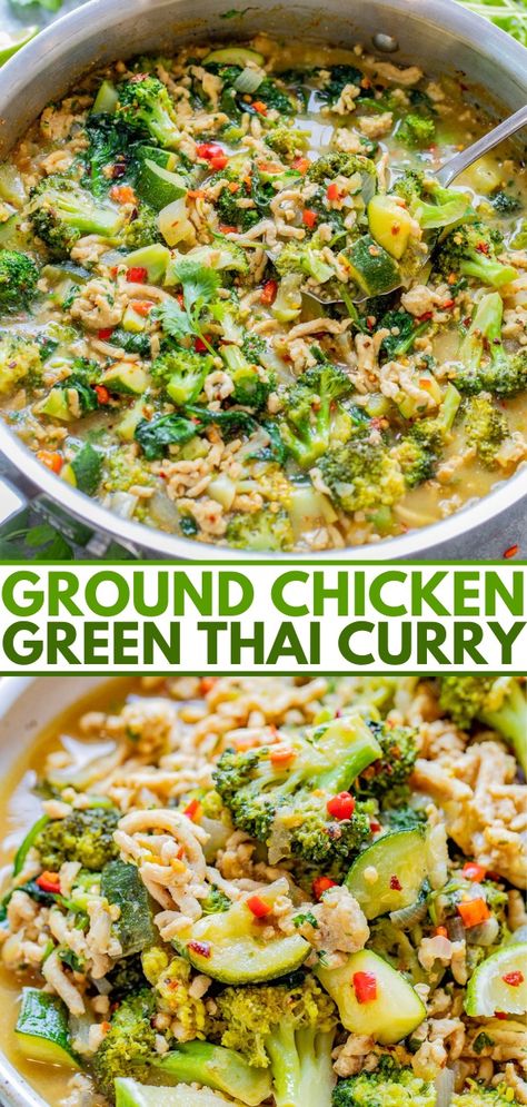 Ground Chicken Green Thai Curry - Averie Cooks Thai Ground Chicken Recipes, Ground Chicken Curry, Green Thai Curry, Green Curry Recipes, Green Thai, Averie Cooks, Sweet Potato Curry, Hearty Comfort Food, Ground Chicken Recipes