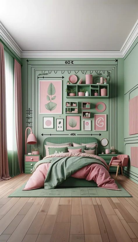 25 Beautiful Green and Pink Bedroom Ideas for a Unique Touch - Roomy Retreat Pink Green Bedroom Decor, Green Room Pink Accents, Room Ideas Green And Pink, Lavender Green Bedroom, Green Bedroom Pink Bed, Aesthetic Room Green And Pink, Pink And Emerald Green Bedroom, Mint Green Interior Design, Pink Green Room