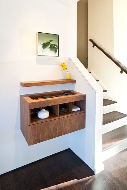 Charging Stations Lead Tidiness Battle Apartment Entryway Ideas Narrow Hallways, Minimalist Staircase, Woodwork Plans, Floating Shelf With Drawer, Modern Foyer, Apartment Entryway, Entry Furniture, Maker Space, Floating Cabinets