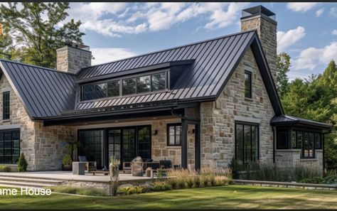 Metal And Stone House Exterior, Farmhouse With Stone Exterior, Metal Roof Houses, Austin Stone, Stone Exterior Houses, Farmhouse Architecture, Starting Fresh, Roof Ideas, Dream Farm