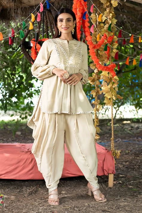 Shop for Tanu Malhotra Beige Twill Cotton Embroidered Tunic And Dhoti Pant Set for Women Online at Aza Fashions Dhoti Top Style For Women, Kurta Dhoti For Woman, Dhoti Styles For Women, Coord Set With Dhoti, Dhoti Pant Suits For Women, Dhoti Outfits Women Wedding, Women Dhoti Kurta Set, Top And Bottom Set For Women, Traditional Cord Set