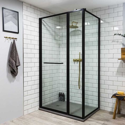 Drench Frame Shower Screens With Matt Black Frame | Room H2o Shower With Black Frame, Black Framed Shower Enclosure, Black Framed Shower Screen, Black Shower Cubicle Ideas, Black Shower Cubicle, Shower Black Frame, Black Shower Enclosure Ideas, Black Shower Tray Bathroom Ideas, Shower Glass Black Frame