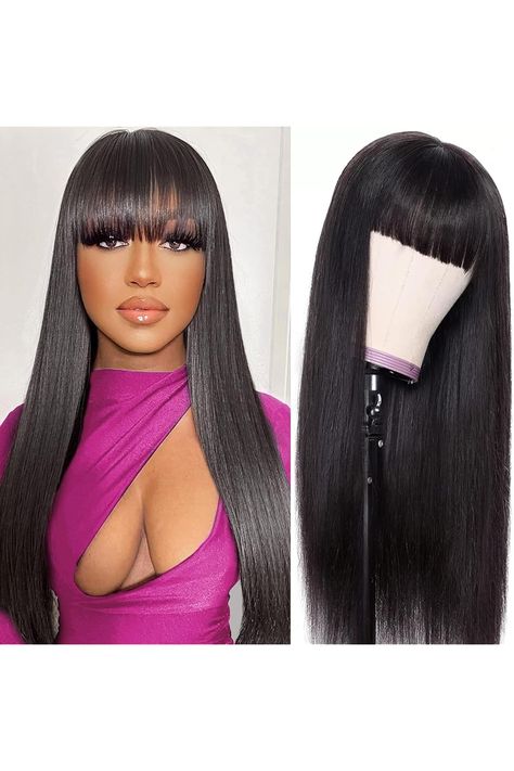 Glueless Wigs Human Hair with Bangs Straight Human Hair Wig with Bangs 150% Density None Lace Front Wigs for Black Women Machine Made 18inch Human Hair Wigs With Bangs, Brazilian Hair Wigs, Bangs Straight, Wig Ideas, Cheap Wigs, Glueless Wigs, Natural Black Women, 100 Human Hair Wigs, Short Bob Wigs