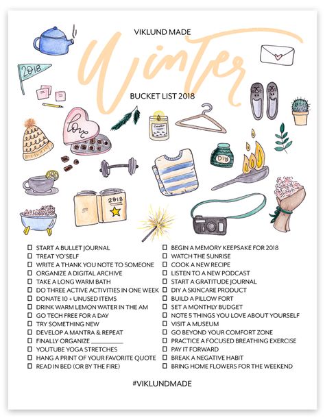 WINTER BUCKET LIST 2018 — Viklund Made Bullet Journal Beginning, Bucket List For Teens, Bucket List Journal, Gift Illustration, Goals Bullet Journal, Christmas Bucket List, Feel Good Friday, Artist Portrait, Best Year Yet