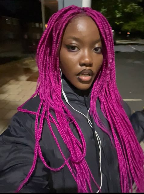 Pink Micro Braids, Dark Pink Box Braids, Hot Pink Braids Black Women, Pink Twists Black Women, Coloured Cornrows, Hot Pink Box Braids, Dark Pink Braids, Pink Fulani Braids, Pink And Green Braids