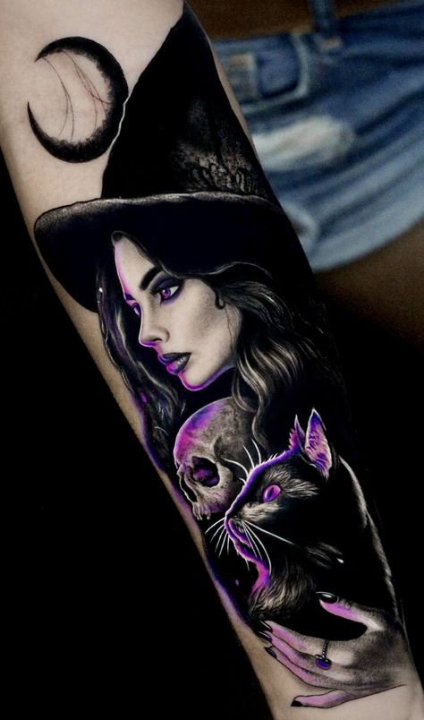 Witch Portrait Tattoo, Dark Coverup Tattoo Ideas, Witchy Tattoo Flash, Upper Thigh Tattoos, Wiccan Tattoos, Occult Tattoo, Full Arm Tattoos, Wicked Tattoos, Witch Tattoo