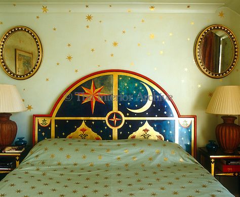 Circle Bedframe, Mural Headboard, Sun And Moon Bedroom, Whimsigoth Headboard, Sun Headboard Paint, Moon Headboard, Sun Headboard, Sun And Moon Bed, Painted Headboard On Wall